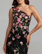 Black One Shoulder Floral Embroidered Gown - Designer Collection