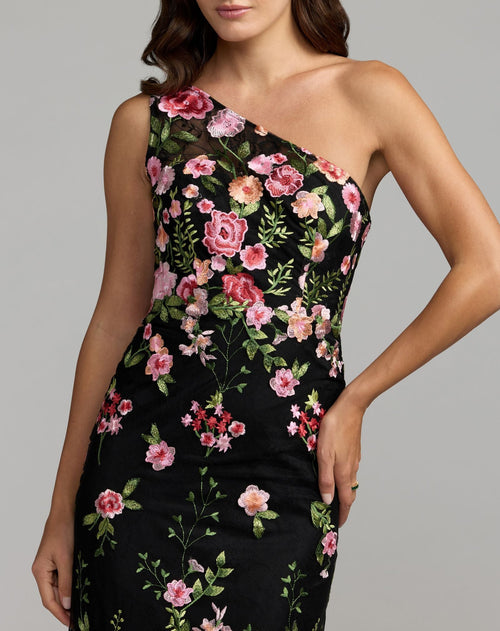 Black One Shoulder Floral Embroidered Gown - Designer Collection