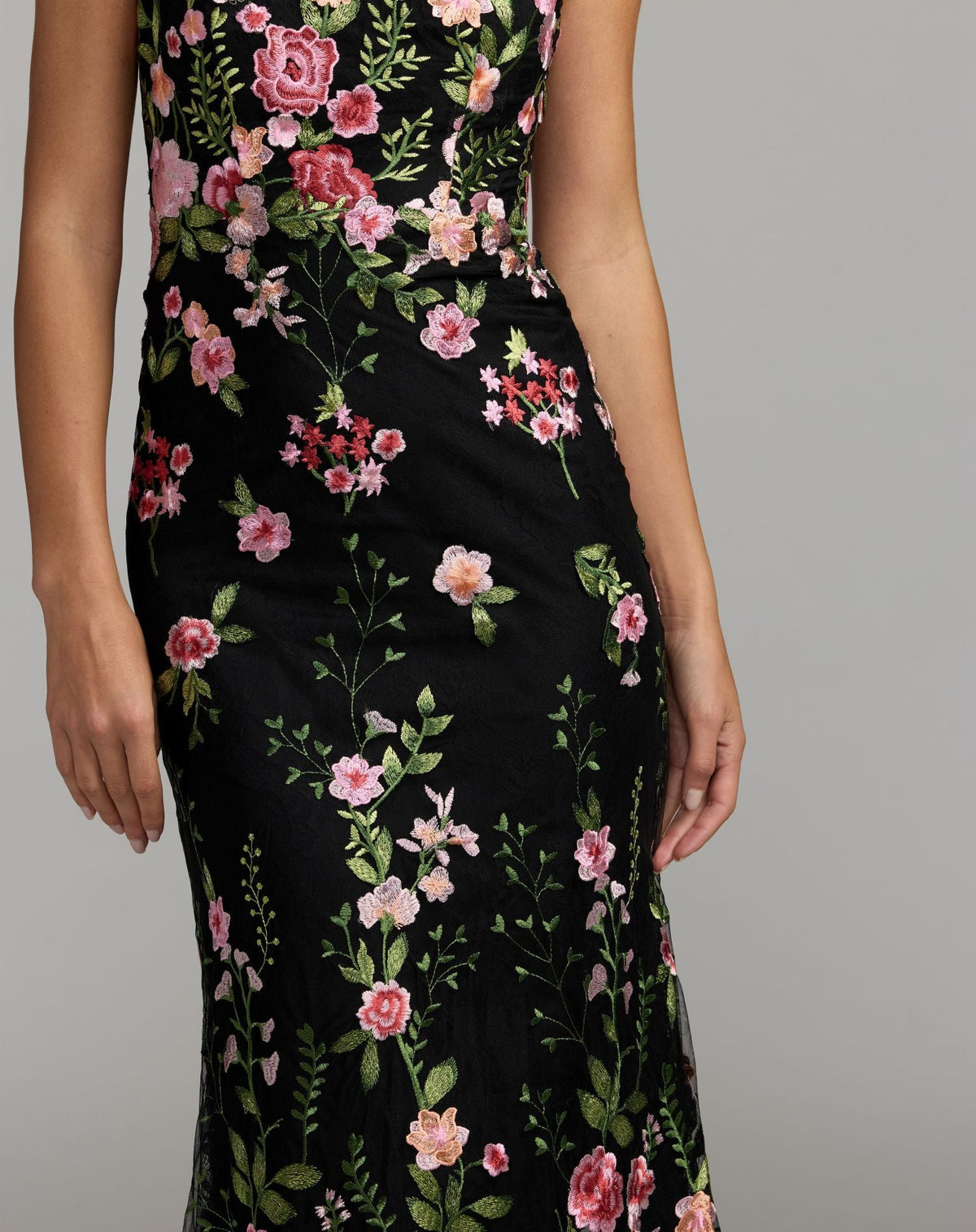Black One Shoulder Floral Embroidered Gown - Designer Collection