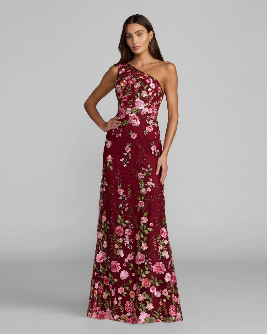 Red One Shoulder Floral Embroidered Gown - Designer Collection