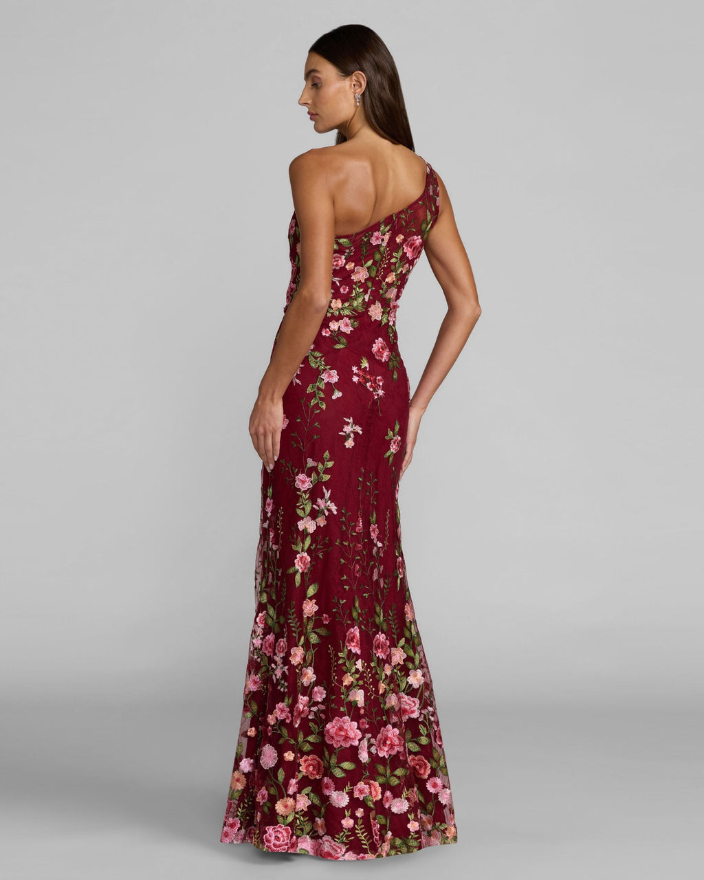 Red One Shoulder Floral Embroidered Gown - Designer Collection