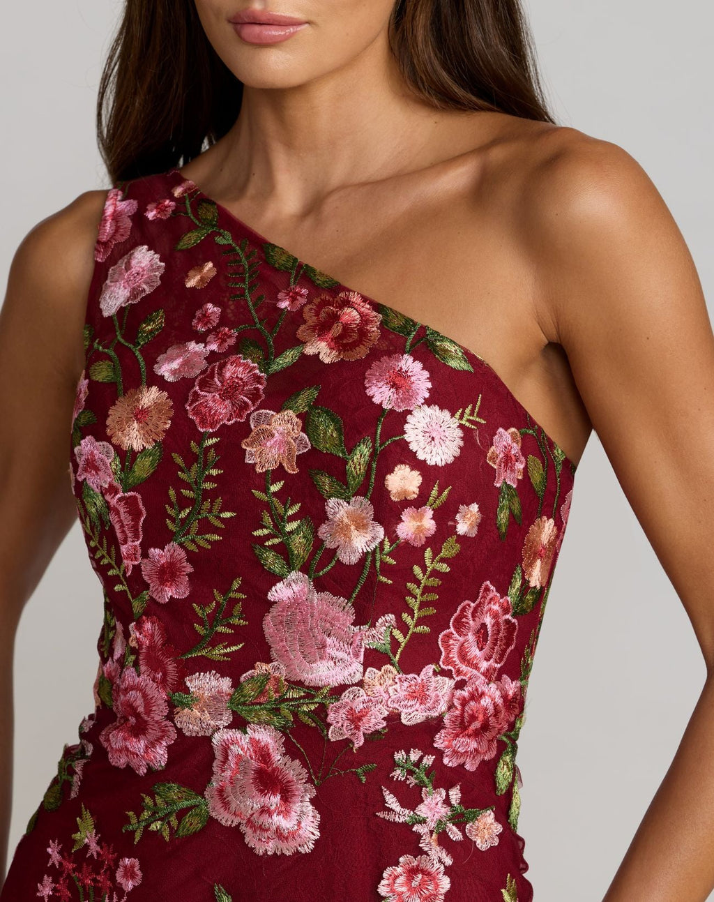 Red One Shoulder Floral Embroidered Gown - Designer Collection
