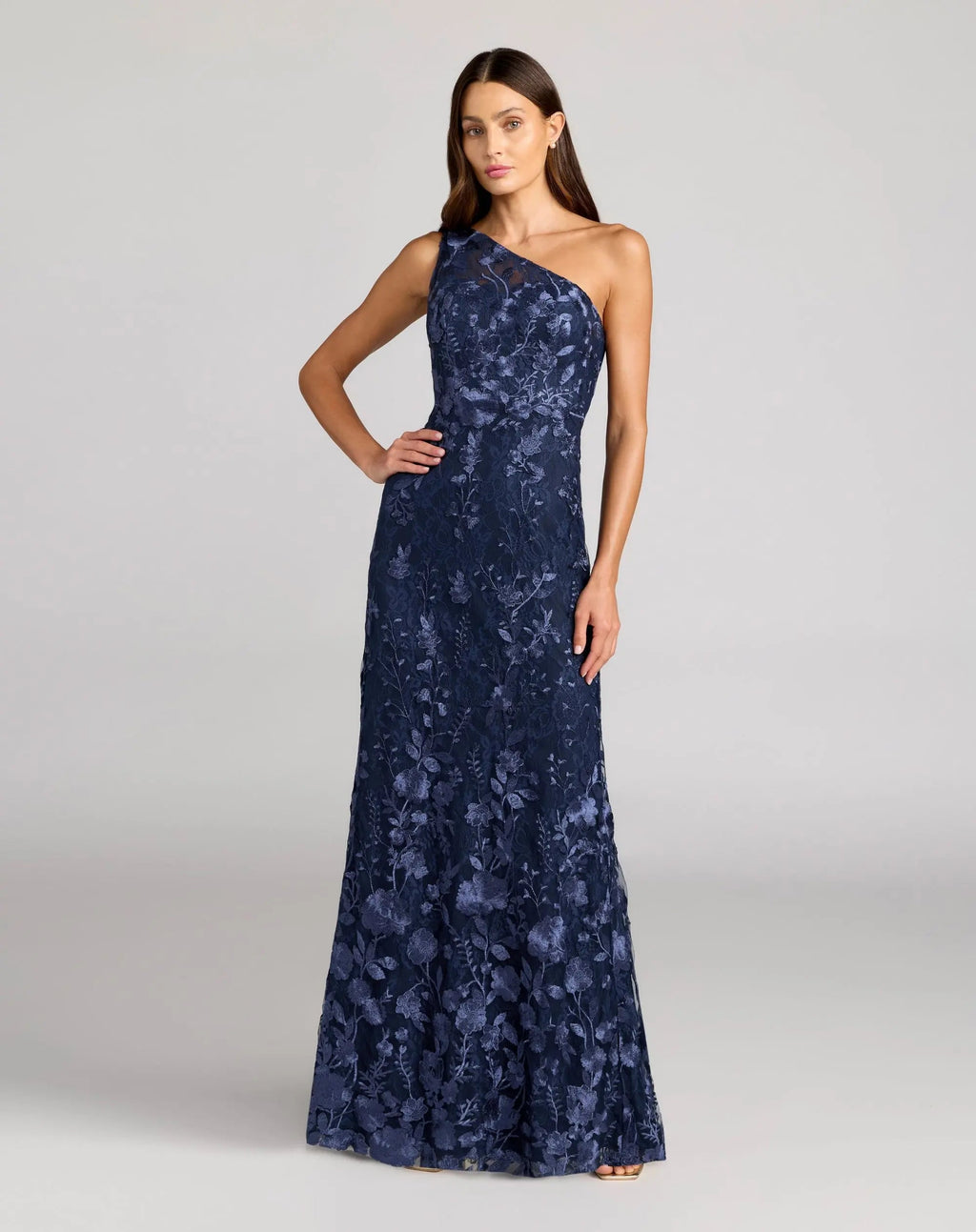Navy One Shoulder Floral Embroidered Gown - Designer Collection