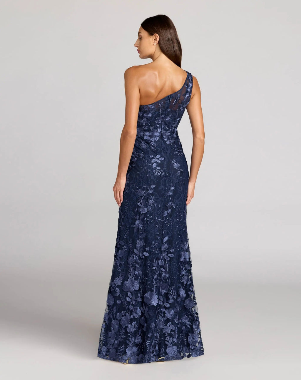 Navy One Shoulder Floral Embroidered Gown - Designer Collection
