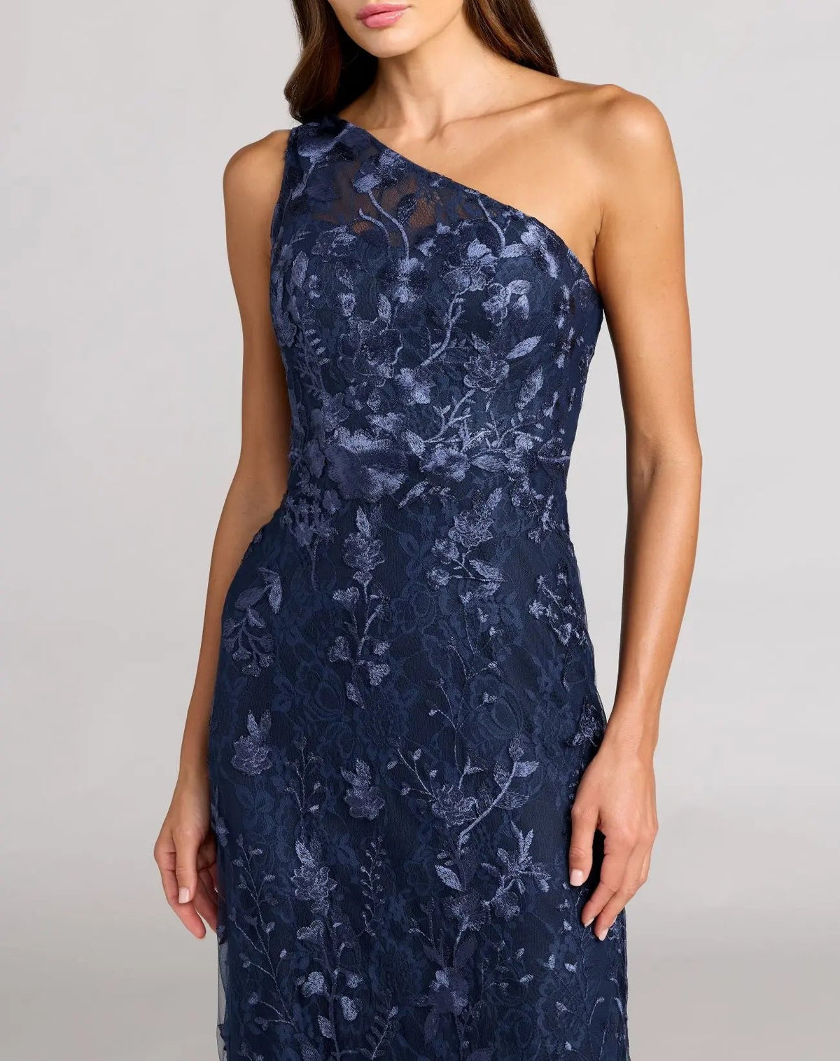 Navy One Shoulder Floral Embroidered Gown - Designer Collection