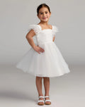 Girl's White Ruffle Shoulder Tulle Dress - Designer Collection