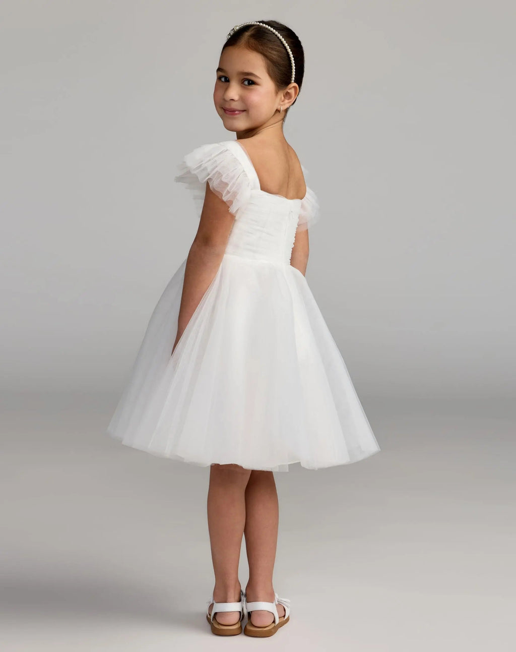 Girl's White Ruffle Shoulder Tulle Dress - Designer Collection