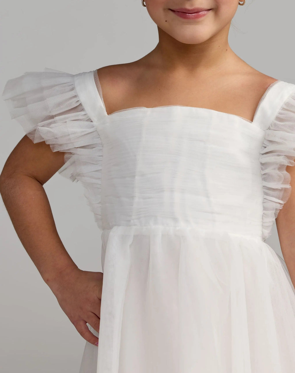 Girl's White Ruffle Shoulder Tulle Dress - Designer Collection