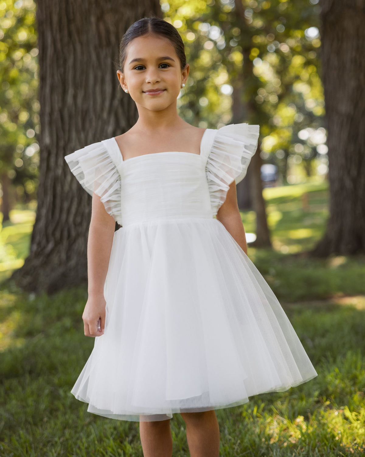 Girl's White Ruffle Shoulder Tulle Dress - Designer Collection