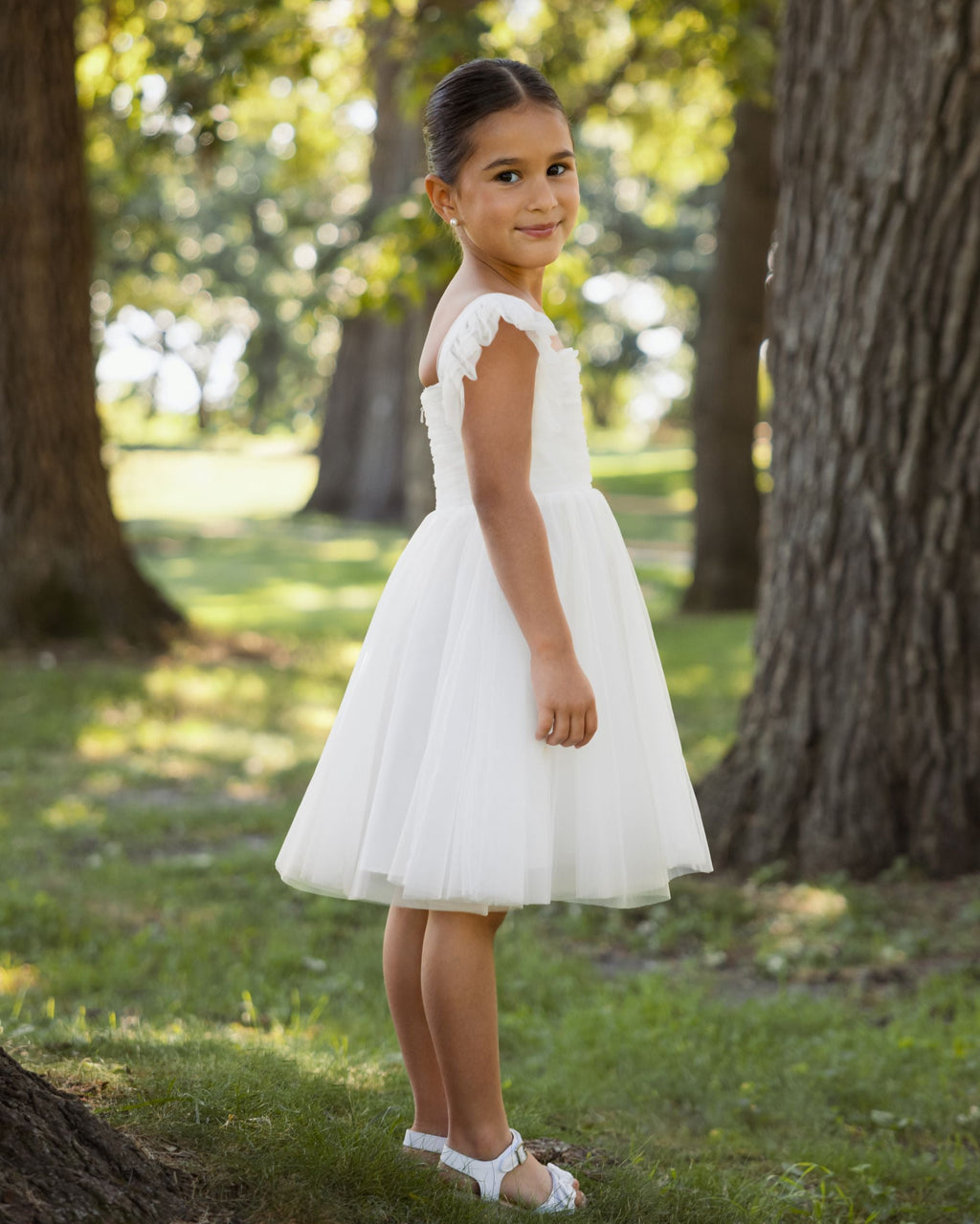 Girl's White Ruffle Shoulder Tulle Dress - Designer Collection