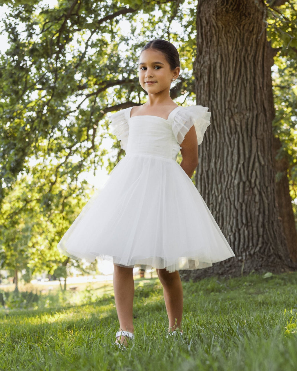 Girl's White Ruffle Shoulder Tulle Dress - Designer Collection