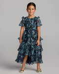 Girls Navy Floral Chiffon Tiered Ruffle Dress Designer Collection