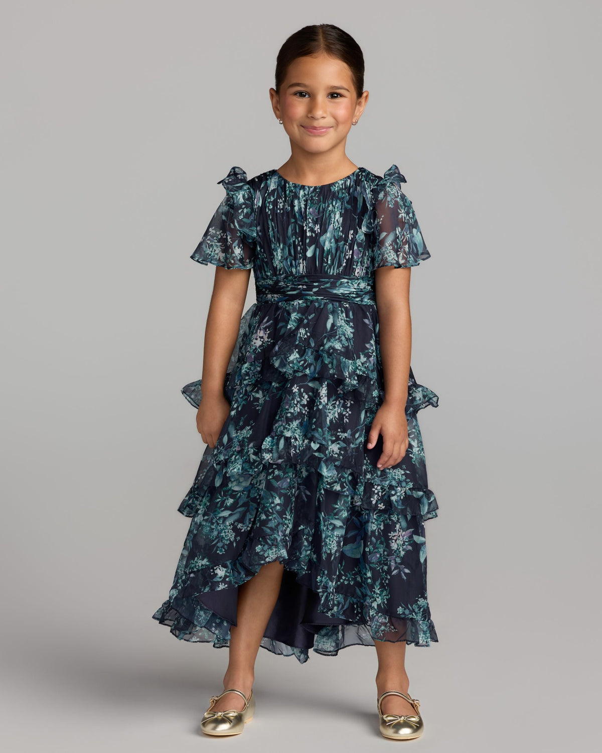 Girls Navy Floral Chiffon Tiered Ruffle Dress Designer Collection