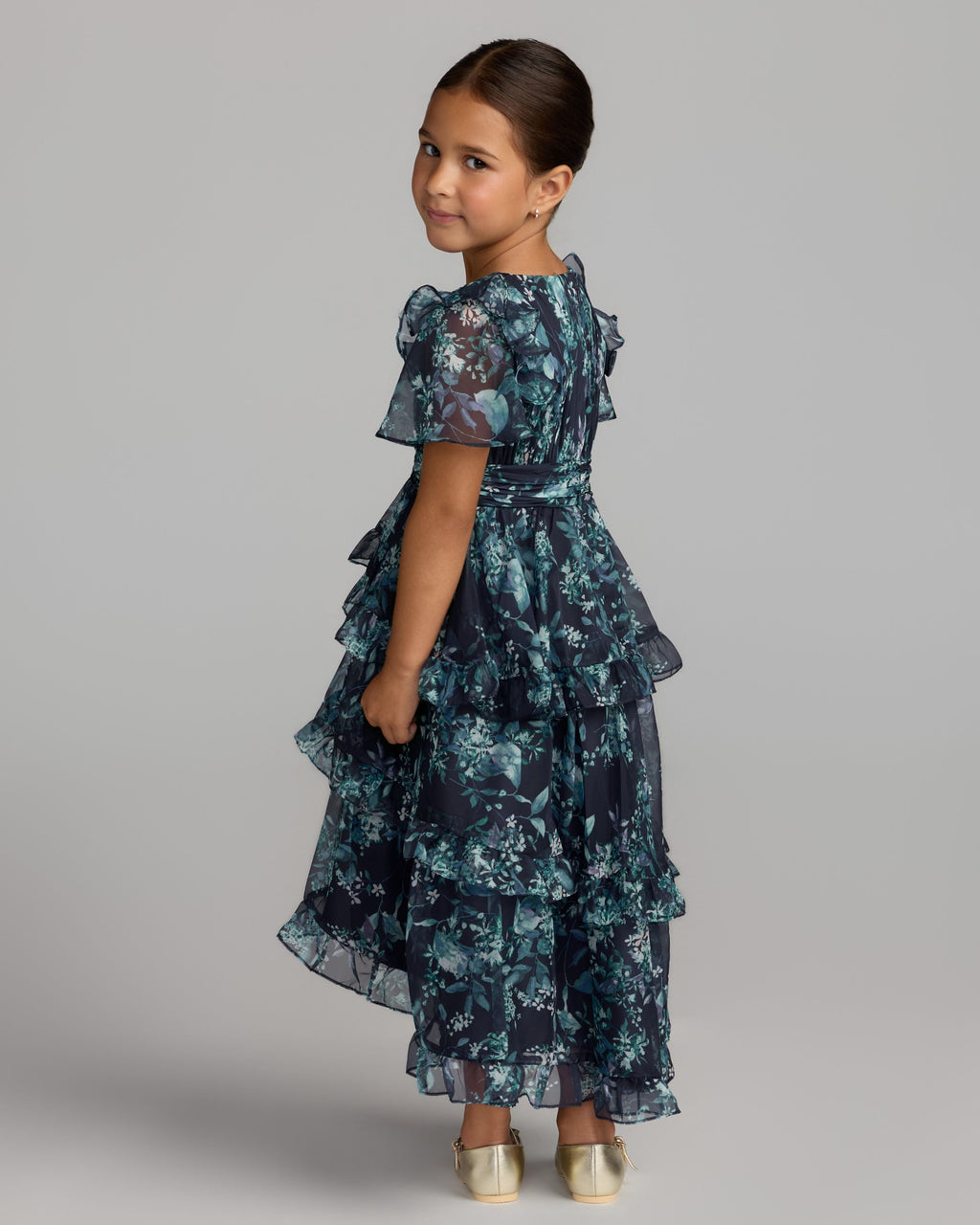 Girls Navy Floral Chiffon Tiered Ruffle Dress Designer Collection