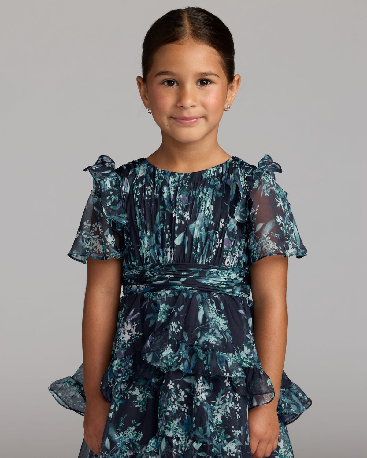 Girls Navy Floral Chiffon Tiered Ruffle Dress Designer Collection