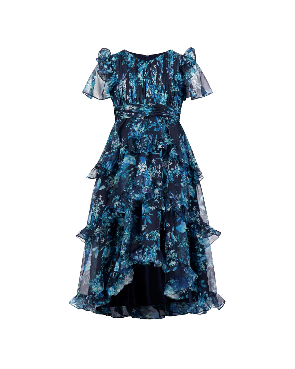 Girls Navy Floral Chiffon Tiered Ruffle Dress Designer Collection