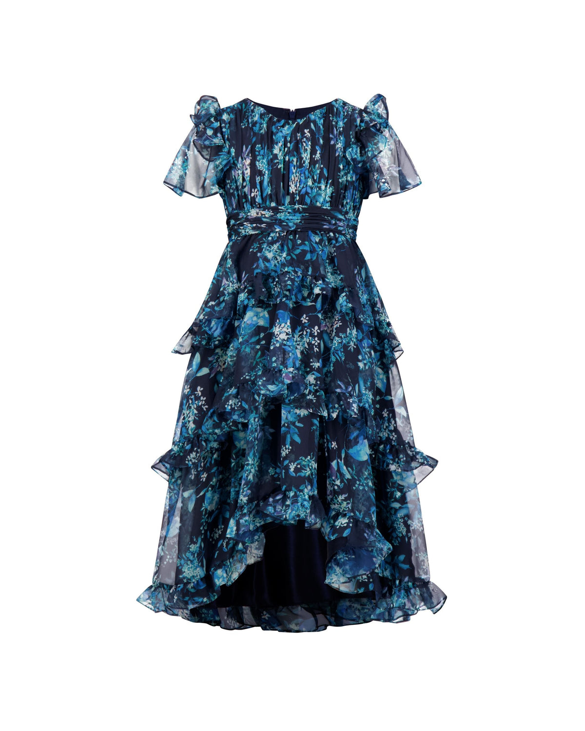 Girls Navy Floral Chiffon Tiered Ruffle Dress Designer Collection