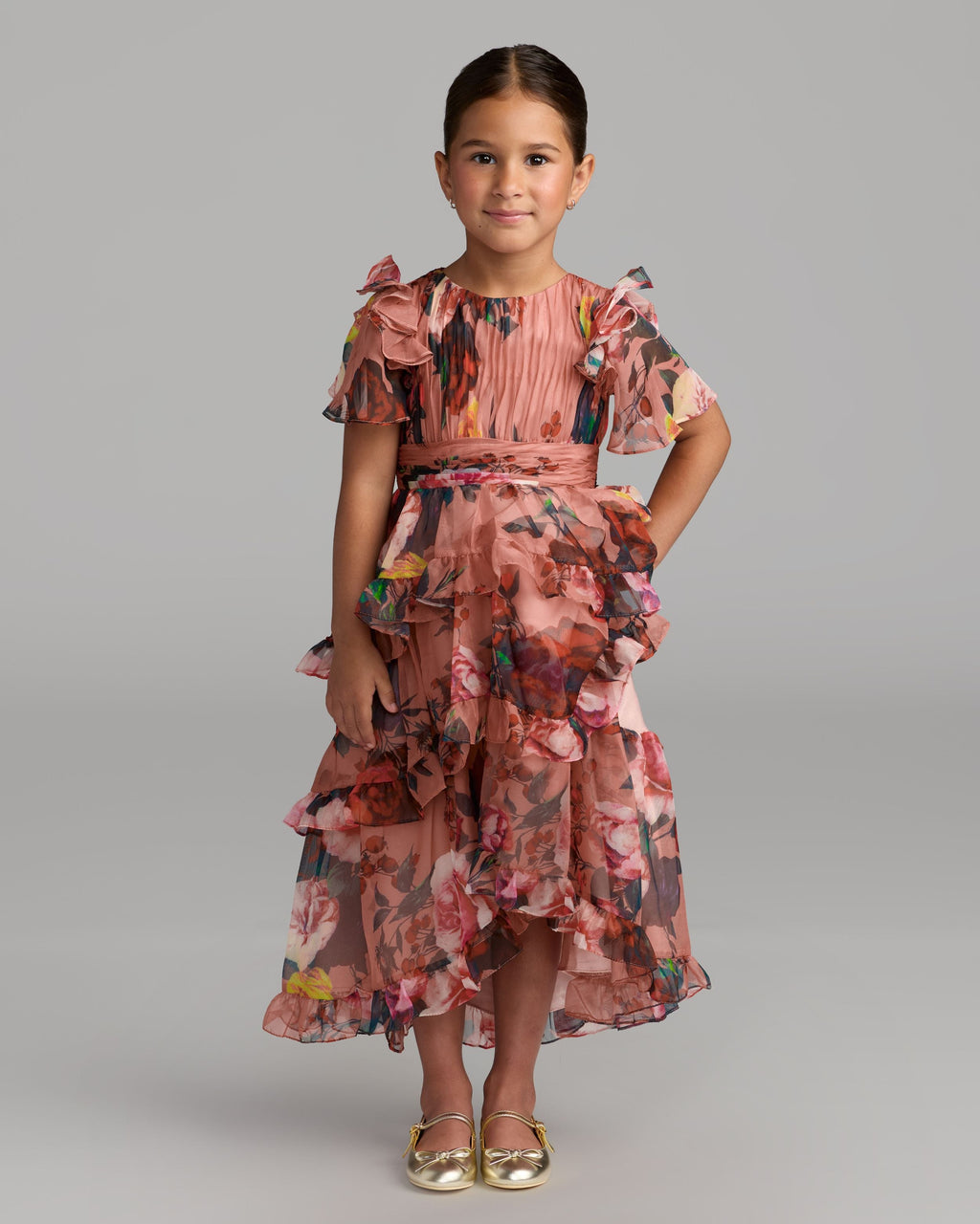 Girls Pink Floral Chiffon Tiered Ruffle Dress Designer Collection