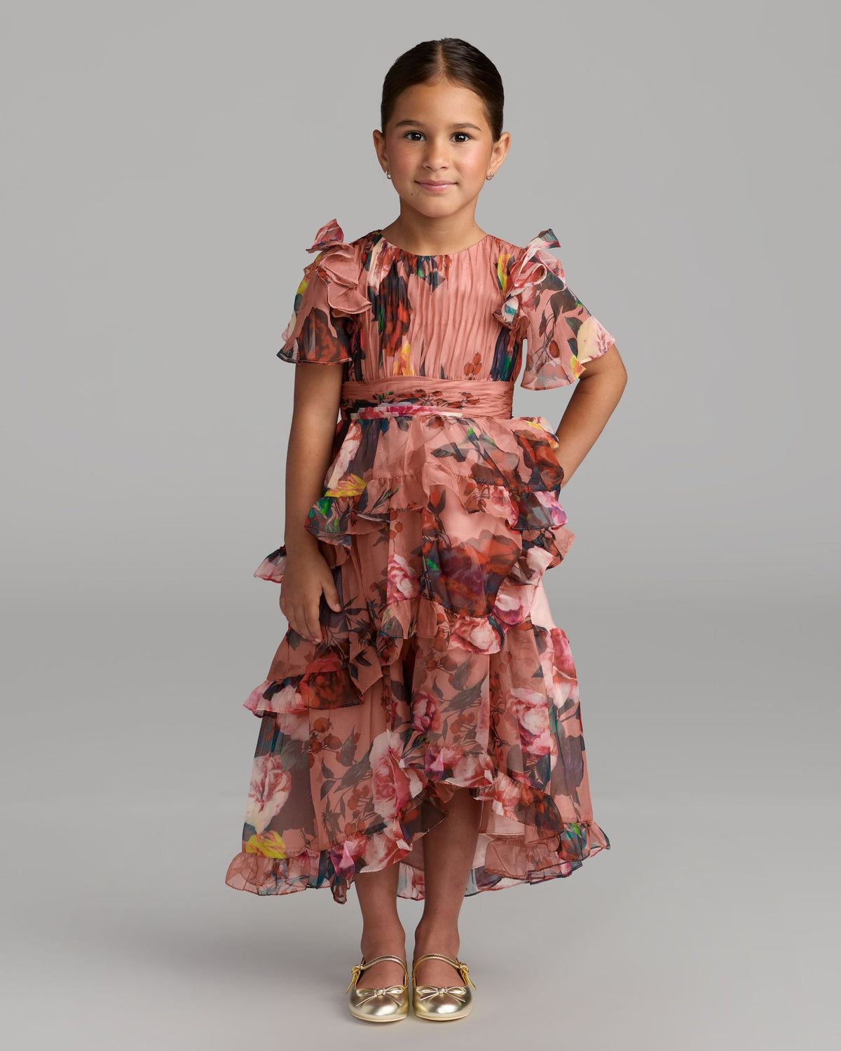 Girls Pink Floral Chiffon Tiered Ruffle Dress Designer Collection