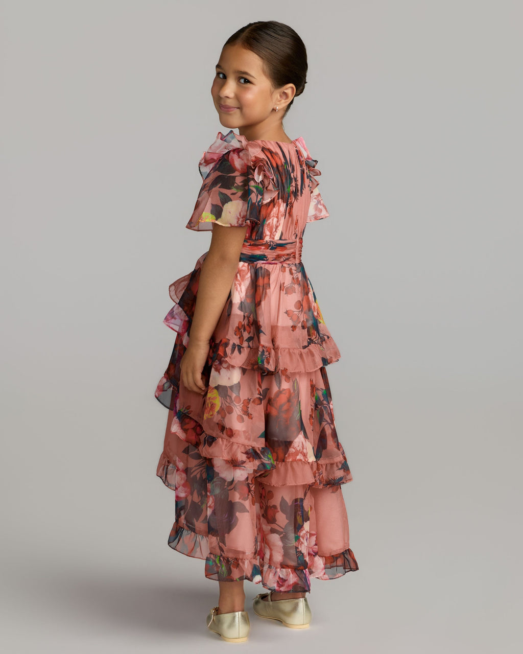 Girls Pink Floral Chiffon Tiered Ruffle Dress Designer Collection
