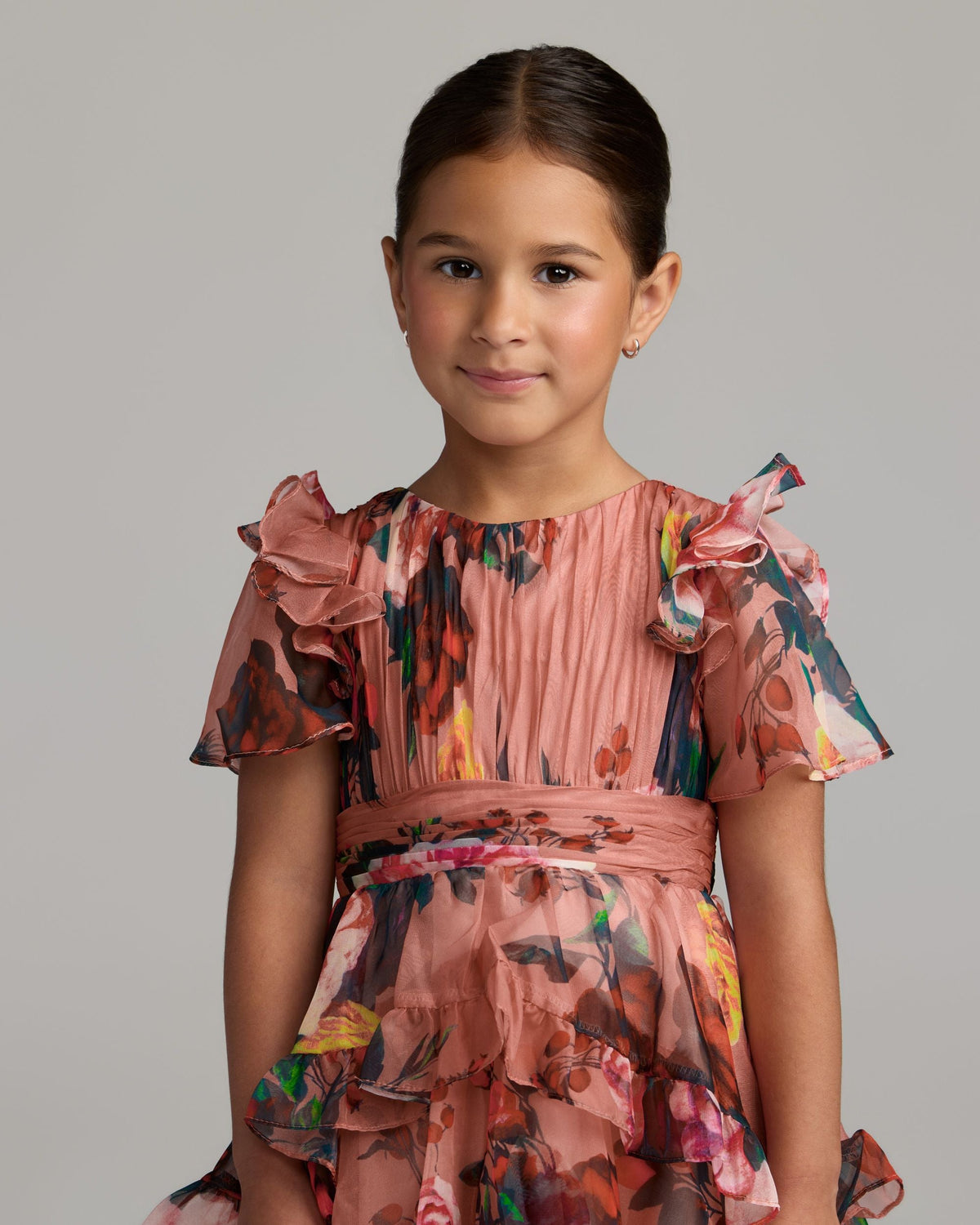 Girls Pink Floral Chiffon Tiered Ruffle Dress Designer Collection