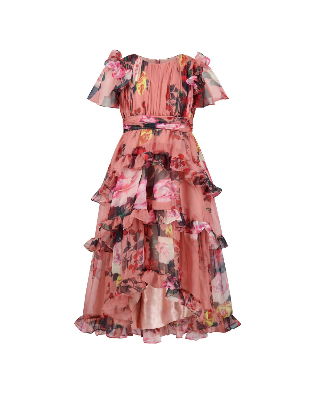 Girls Pink Floral Chiffon Tiered Ruffle Dress Designer Collection