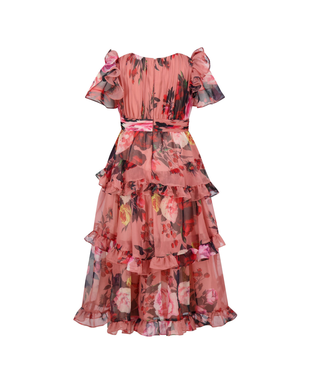 Girls Pink Floral Chiffon Tiered Ruffle Dress Designer Collection