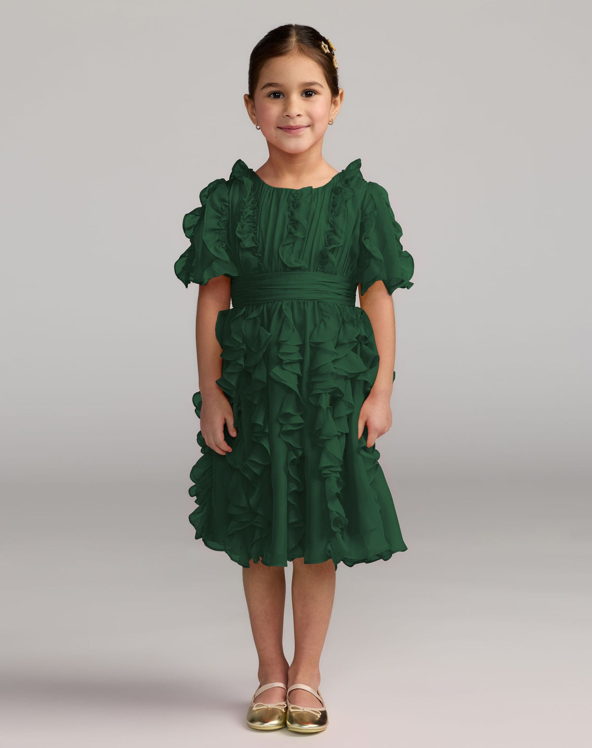 Girls Green Chiffon High Neck Ruffle Dress Designer Collection
