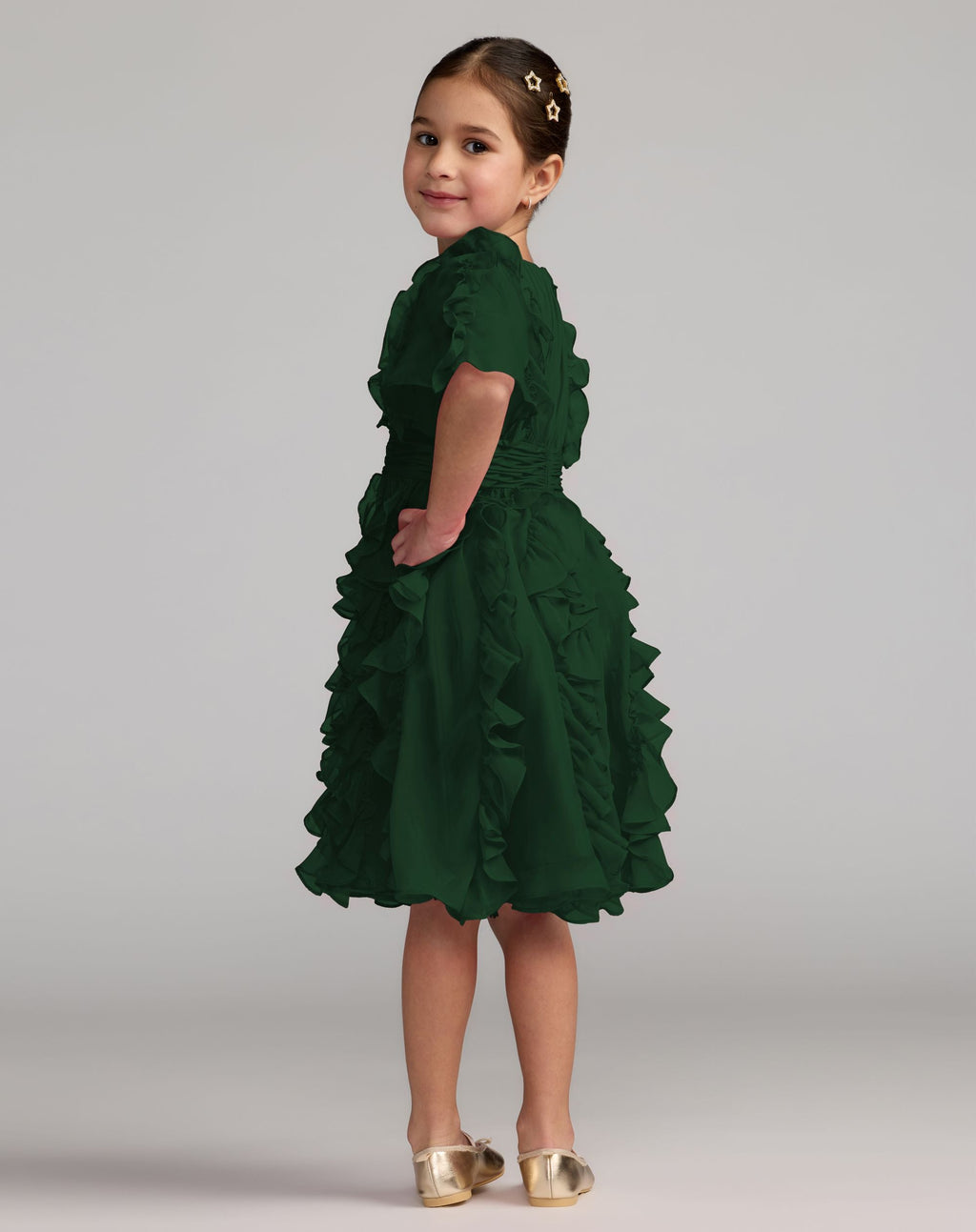 Girls Green Chiffon High Neck Ruffle Dress Designer Collection
