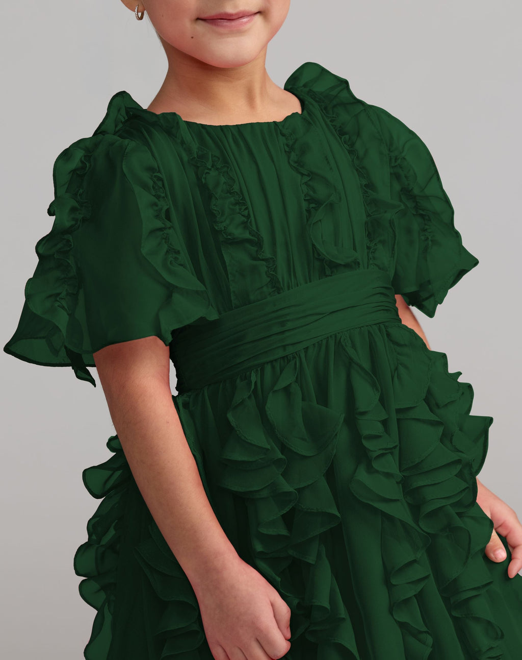 Girls Green Chiffon High Neck Ruffle Dress Designer Collection