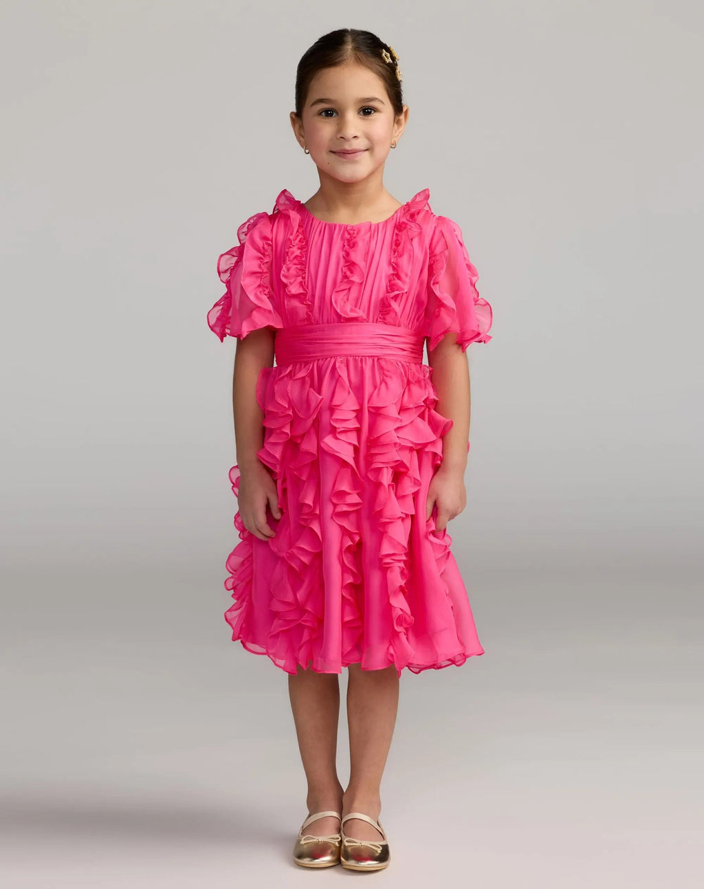 Girls Pink Chiffon High Neck Ruffle Dress - Designer Collection