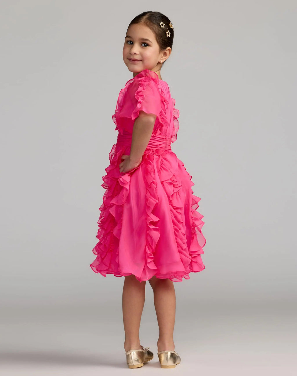 Girls Pink Chiffon High Neck Ruffle Dress - Designer Collection