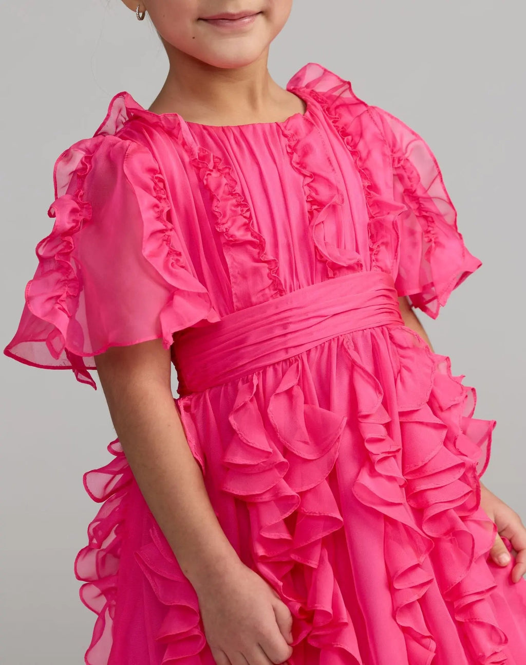 Girls Pink Chiffon High Neck Ruffle Dress - Designer Collection