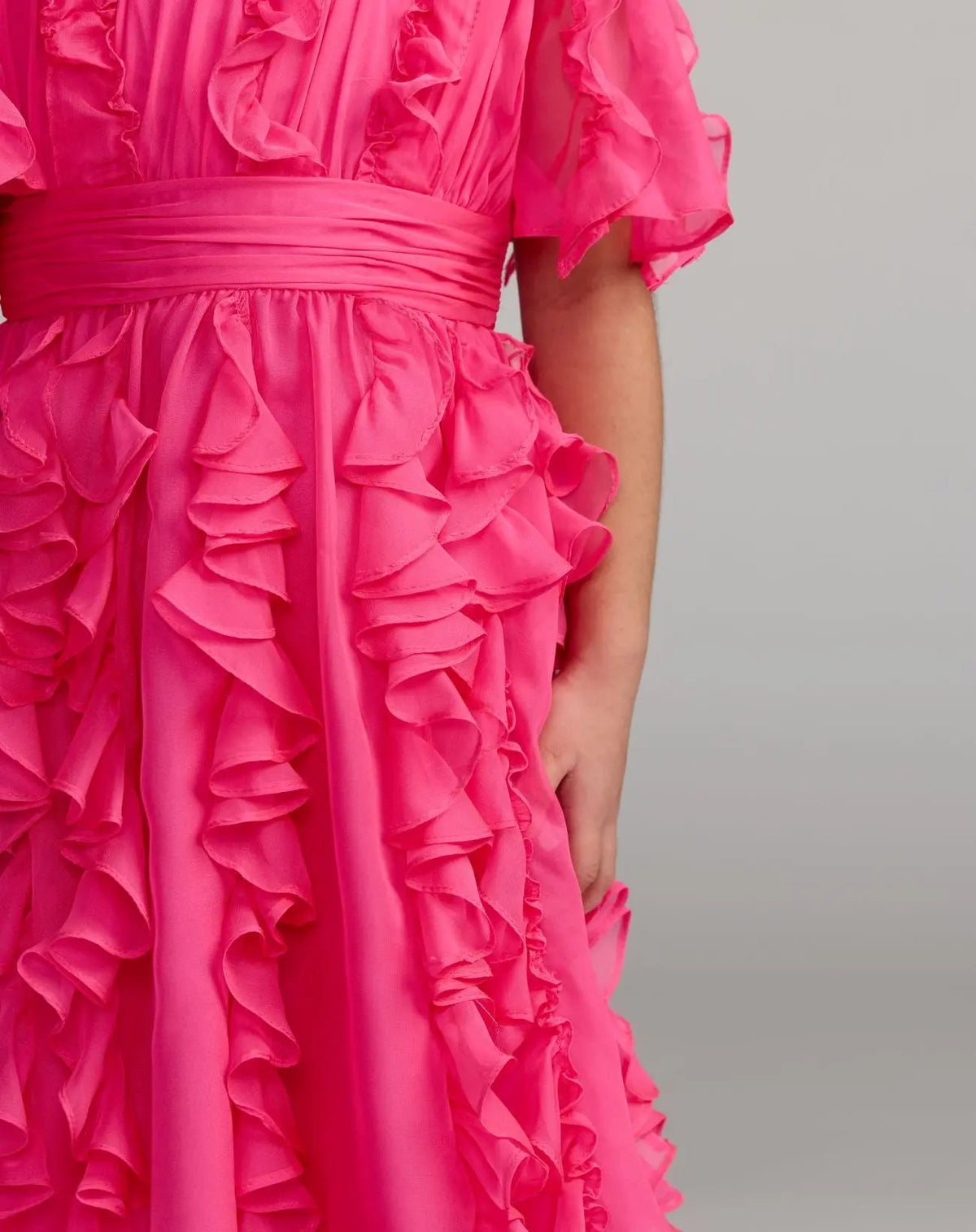 Girls Pink Chiffon High Neck Ruffle Dress - Designer Collection