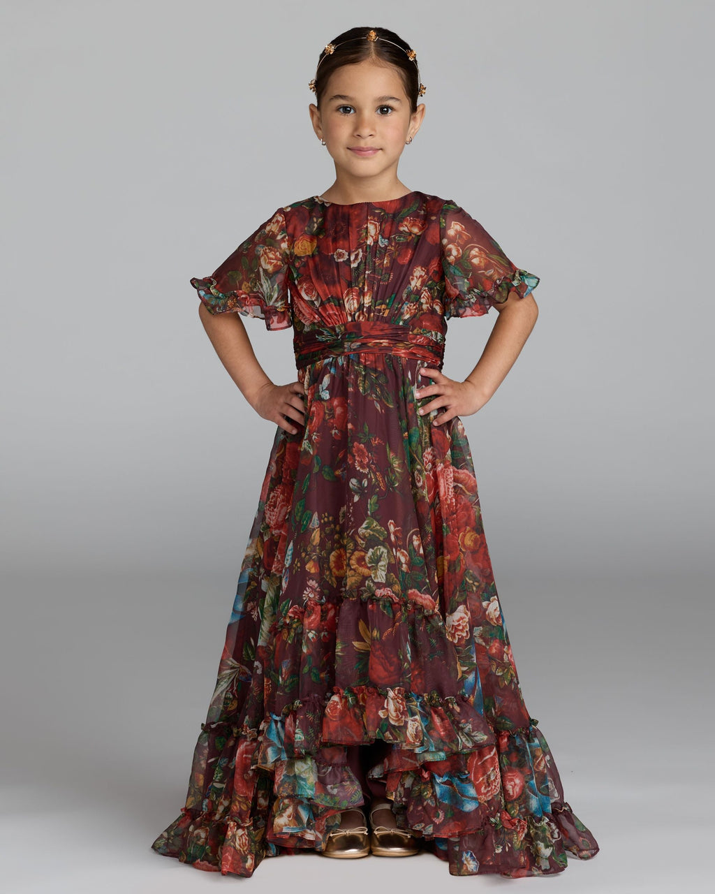 Girls Red Floral Ruffle High-Low Dress Designer Collection