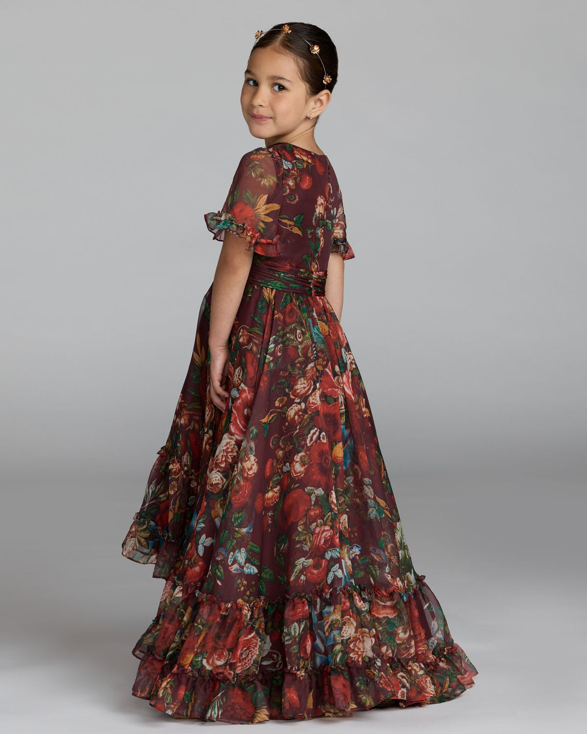 Girls Red Floral Ruffle High-Low Dress Designer Collection