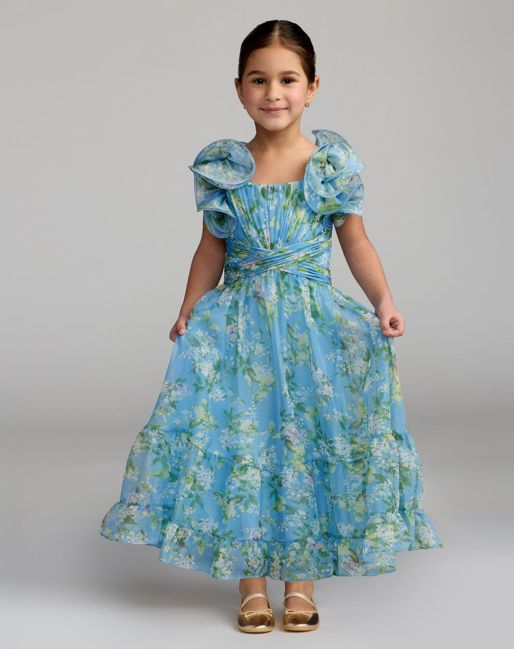 Girls Blue Floral Chiffon Ruffle Shoulder Dress - Designer Collection
