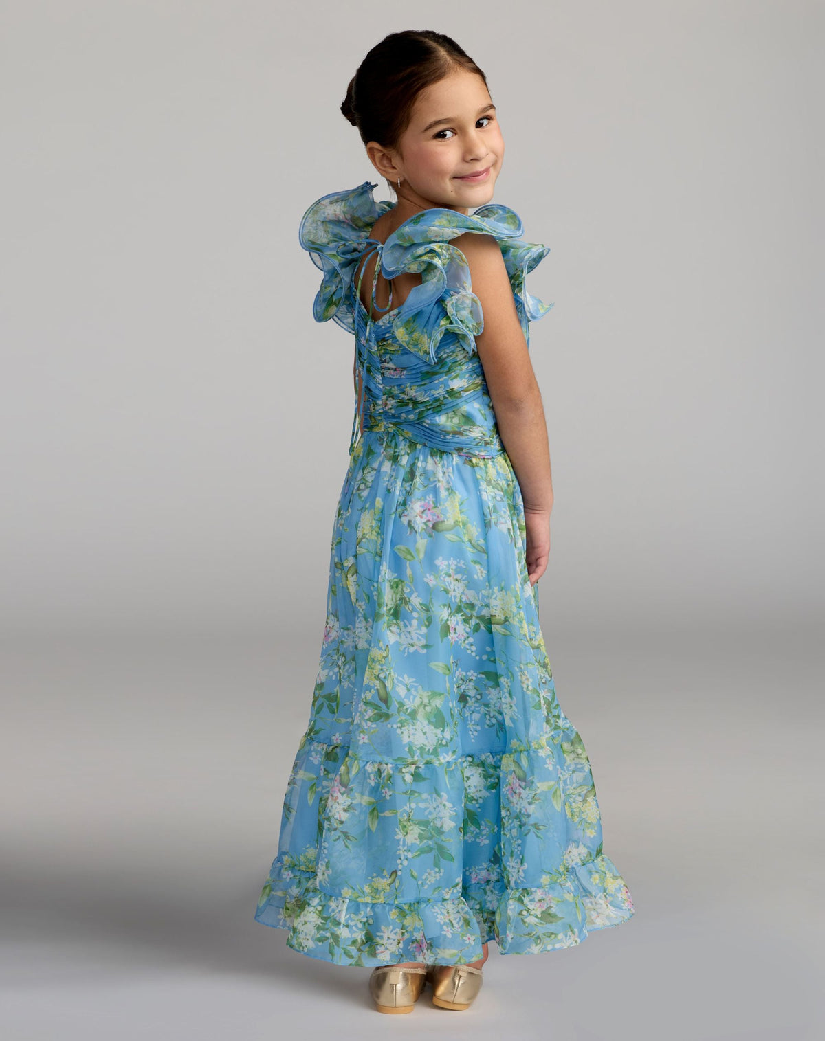 Girls Blue Floral Chiffon Ruffle Shoulder Dress - Designer Collection