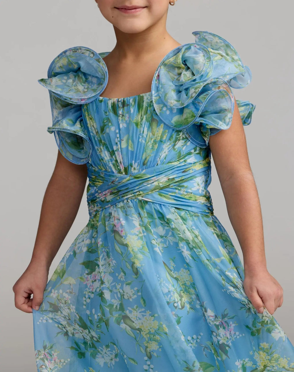 Girls Blue Floral Chiffon Ruffle Shoulder Dress - Designer Collection