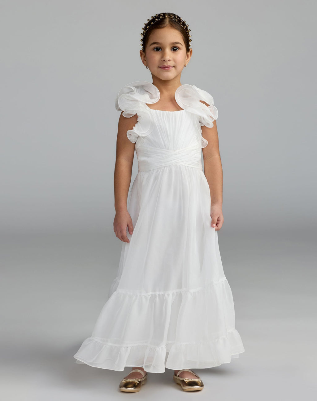 Girls White Chiffon Ruffle Shoulder Dress Designer Collection