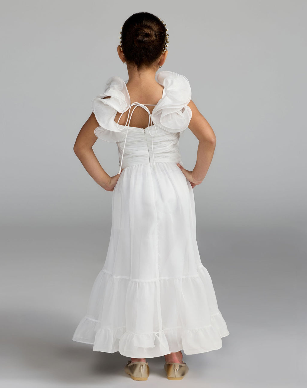 Girls White Chiffon Ruffle Shoulder Dress Designer Collection