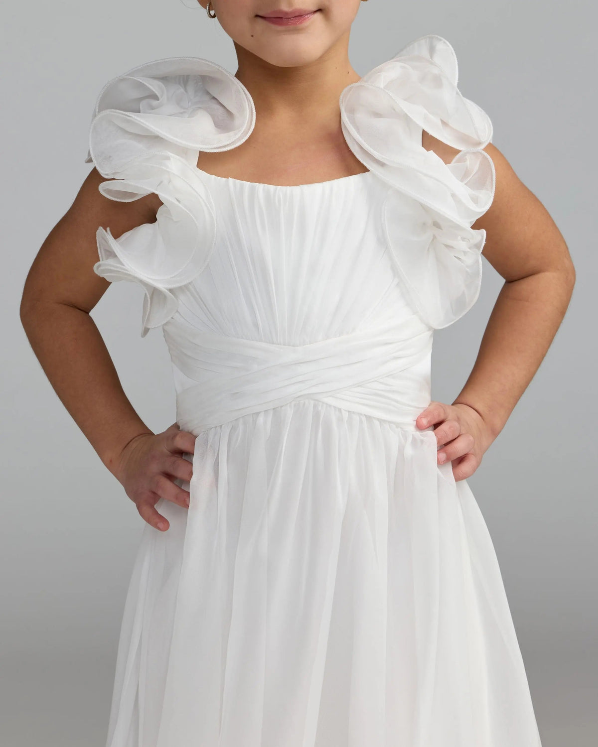 Girls White Chiffon Ruffle Shoulder Dress Designer Collection