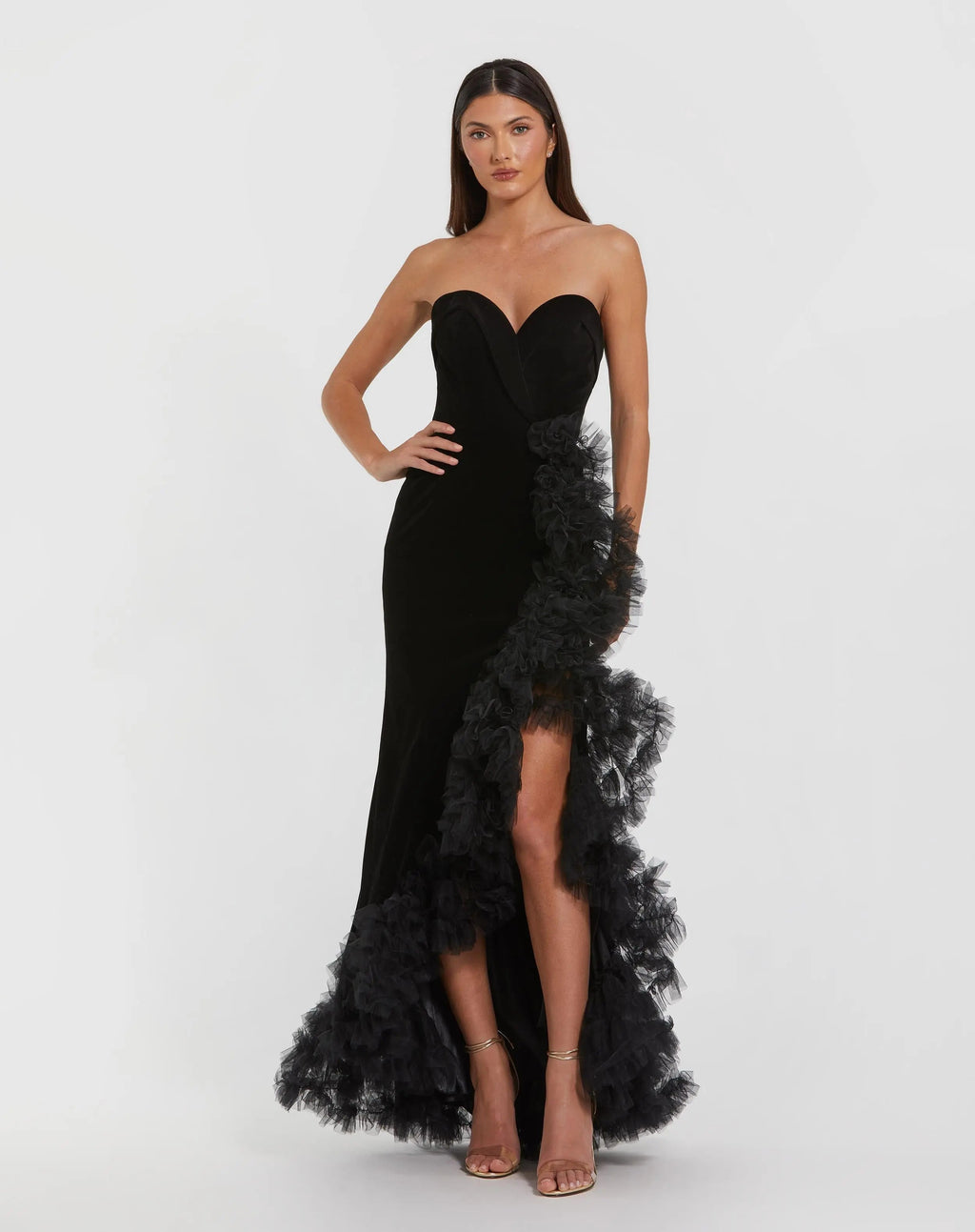 Black Strapless Velvet Mermaid Gown with Ruffle Slit - Designer Collection