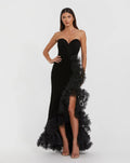Black Strapless Velvet Mermaid Gown with Ruffle Slit - Designer Collection