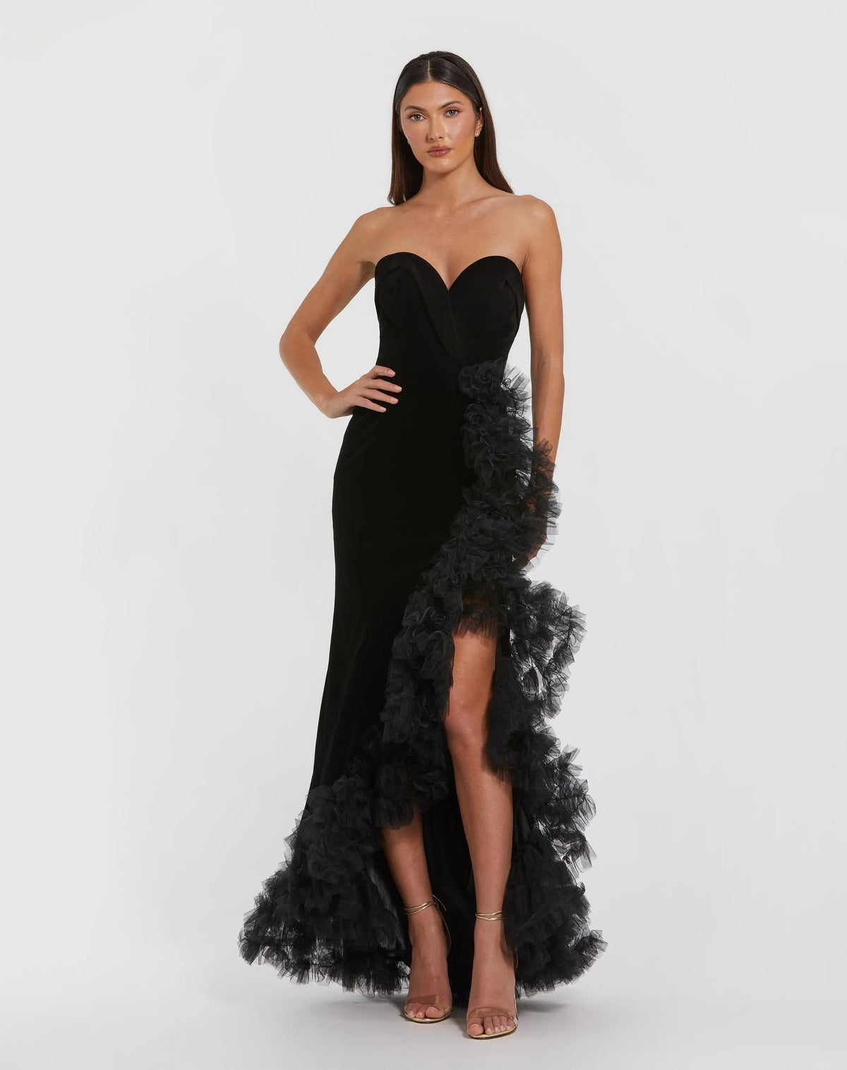 Black Strapless Velvet Mermaid Gown with Ruffle Slit - Designer Collection