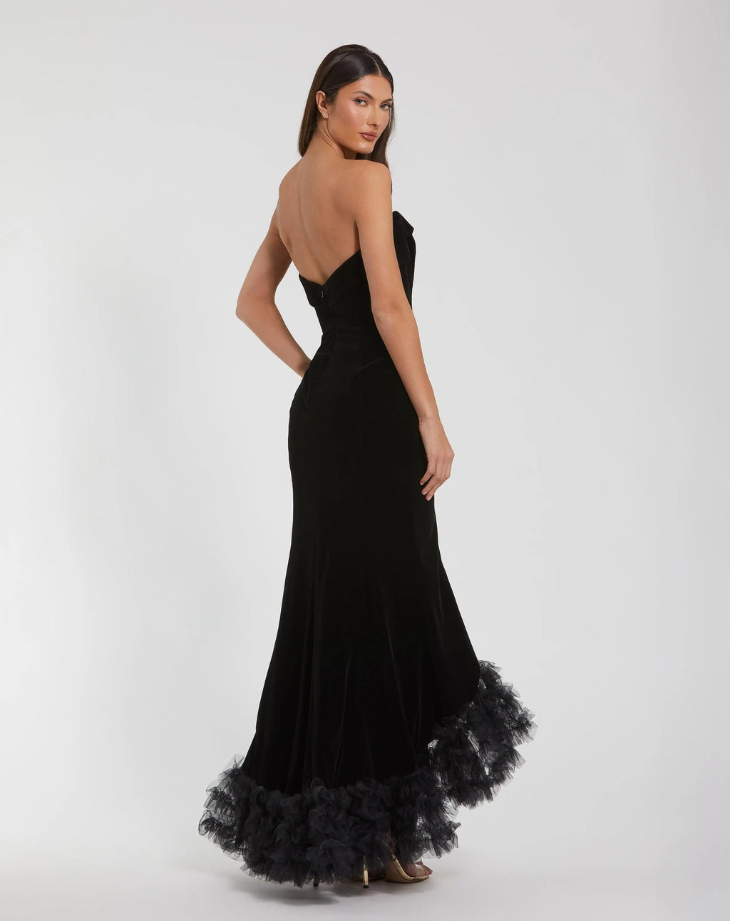 Black Strapless Velvet Mermaid Gown with Ruffle Slit - Designer Collection