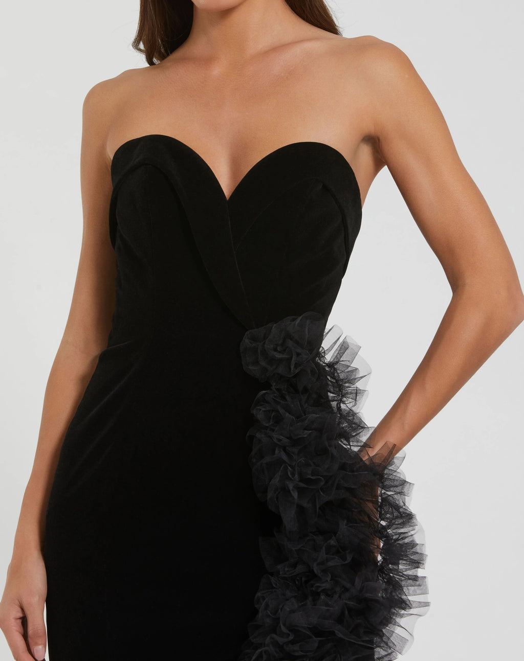Black Strapless Velvet Mermaid Gown with Ruffle Slit Designer Collection