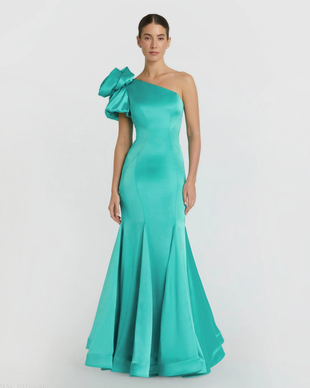 Green One Shoulder Bustier Satin Mermaid Gown Designer Collection