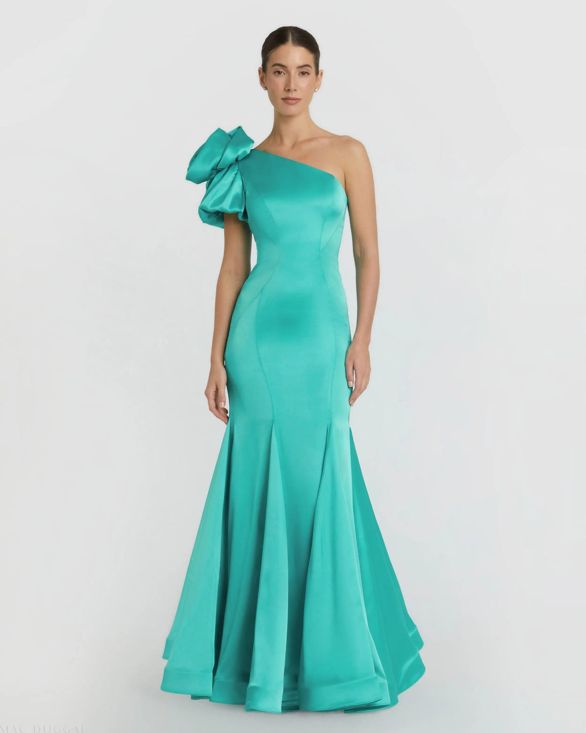 Green One Shoulder Bustier Satin Mermaid Gown Designer Collection