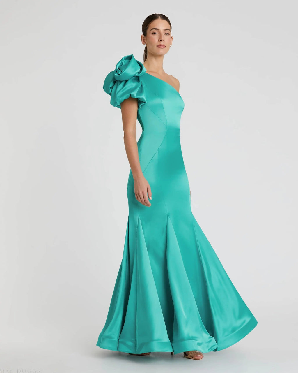 Green One Shoulder Bustier Satin Mermaid Gown - Designer Collection